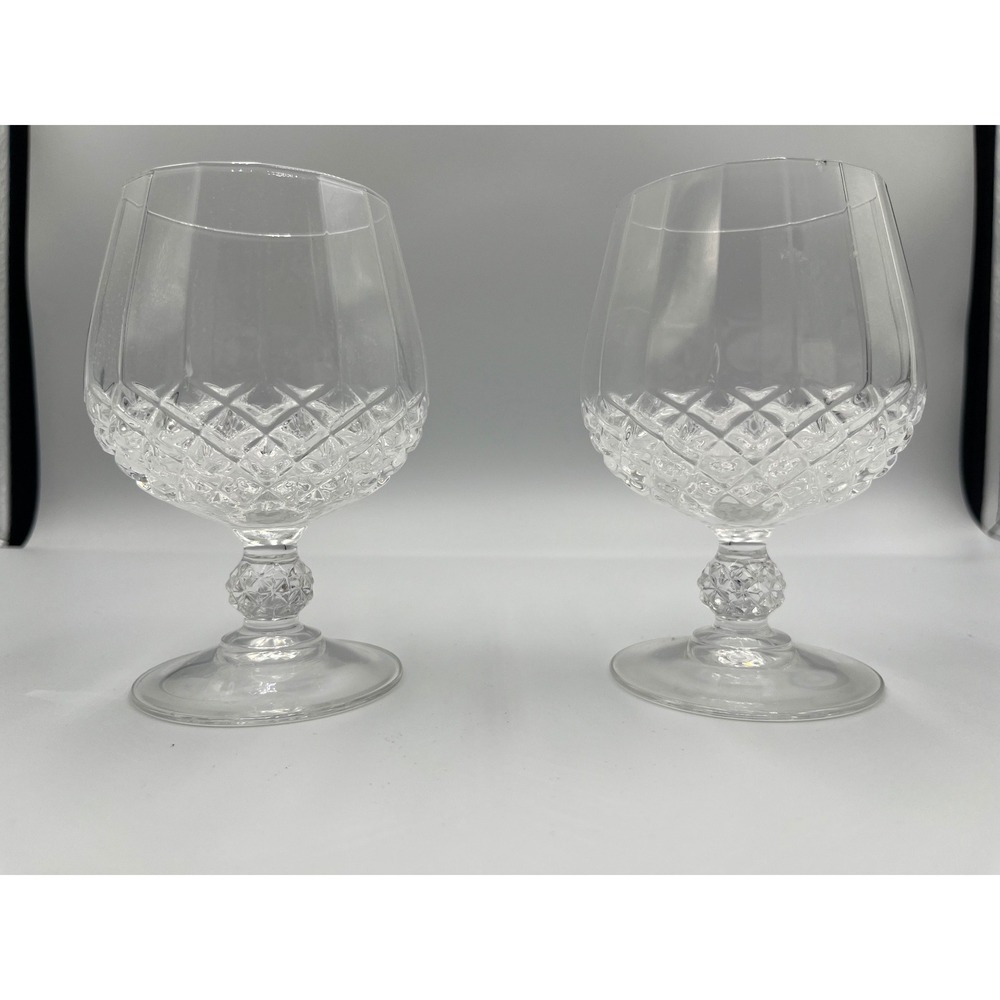 Set of 2 Diamond Cut Crystal Brandy Snifters Cognac Glasses Faceted Stem Clear